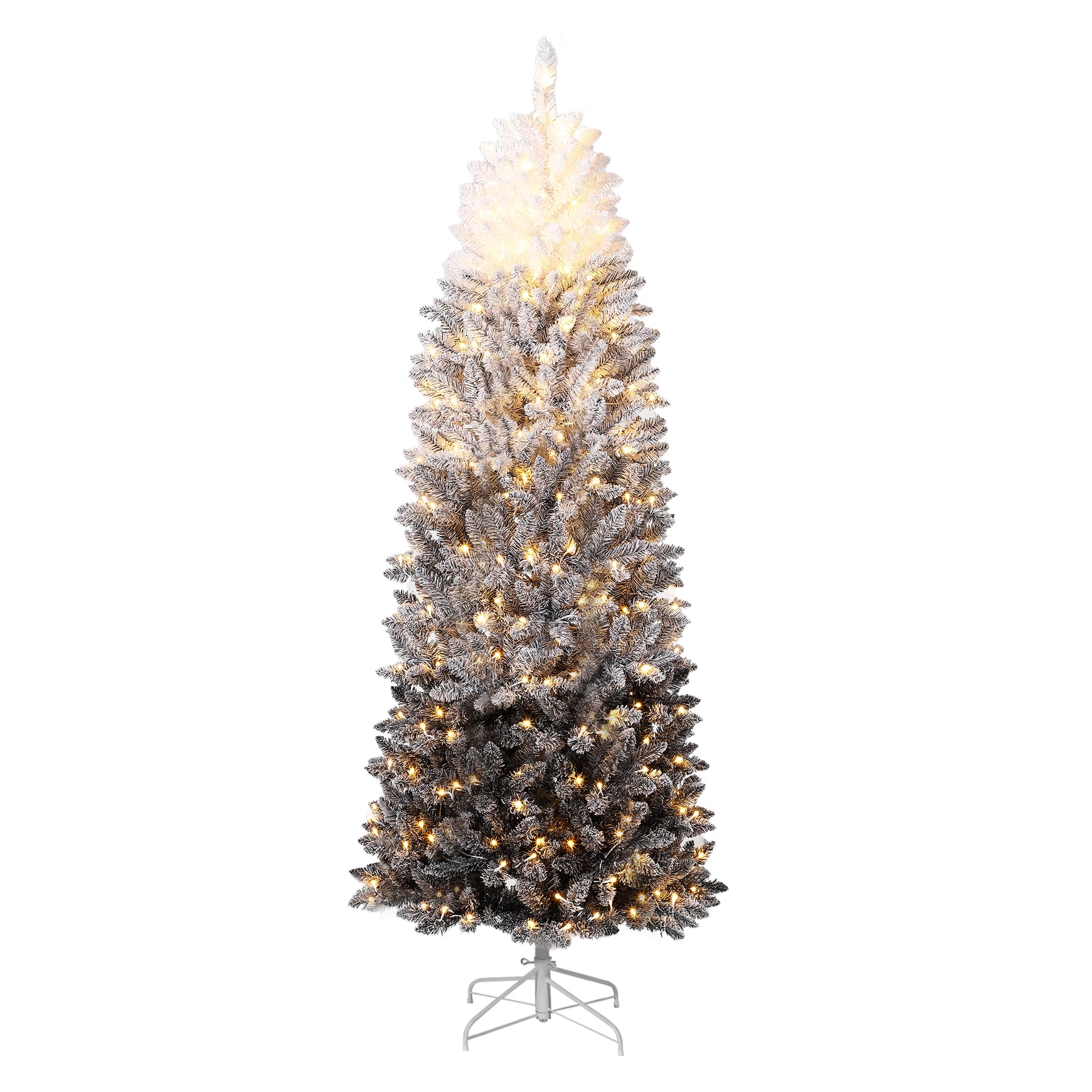 Garvee 6FT Pencil Christmas Tree Prelit, Black Gradient Snow Flocked Holiday Decoration Xmas Tree with 230 Dual Color LED Lights & 610 Branch Tips, Includes Metal Stand