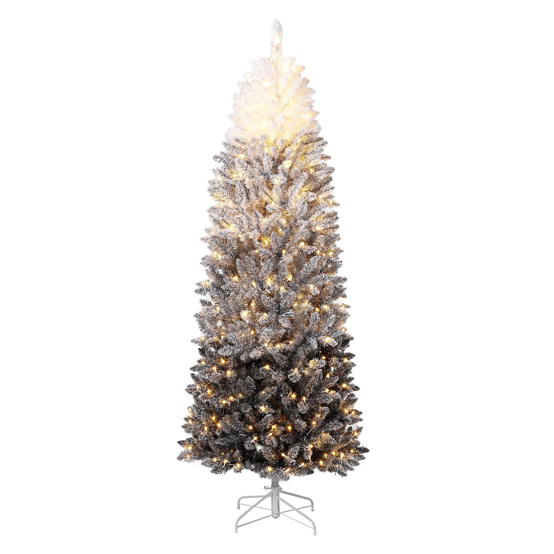 Garvee 6FT Pencil Christmas Tree Prelit, Black Gradient Snow Flocked Holiday Decoration Xmas Tree with 230 Dual Color LED Lights & 610 Branch Tips, Includes Metal Stand