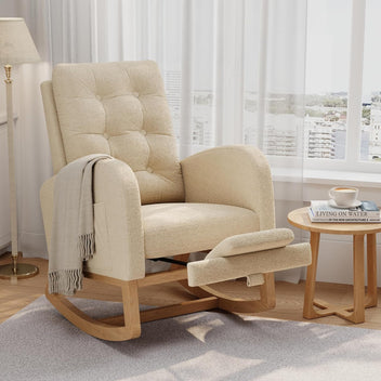 Garvee Nursery Rocking Chair with Adjustable Footrest, Teddy Fleece Upholstery, Sturdy Wooden Legs & High Backrest, Comfortable Glider Rocking Chair for Living Room or Bedroom, Beige