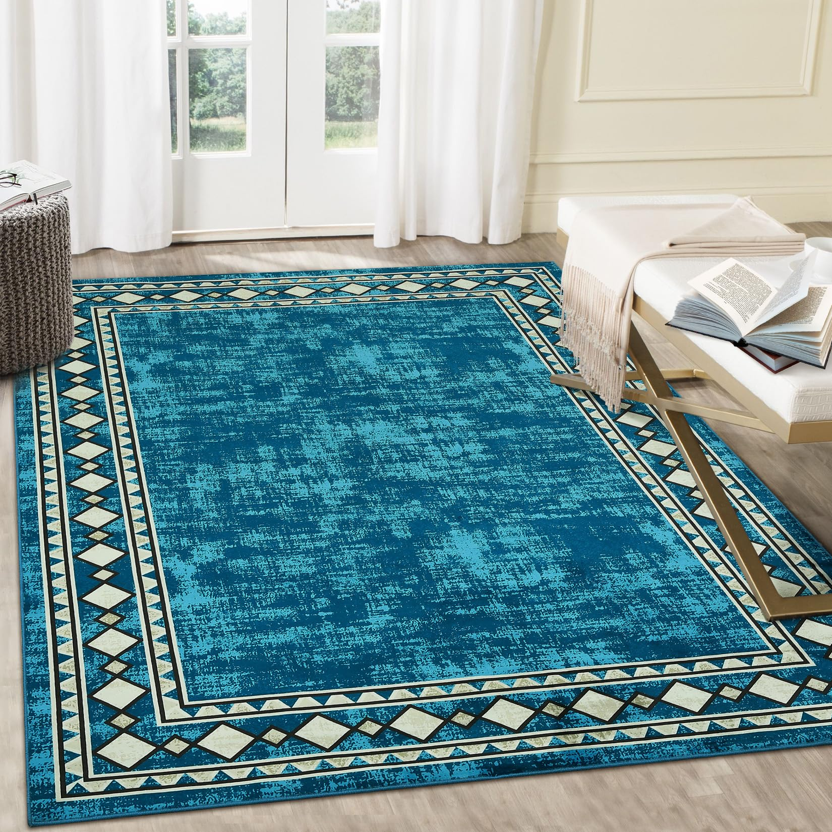 Garvee Bordered Minimalist Non-Slip Area Rug for Living Room & Home Decor, Washable and Stain-Resistant Carpet