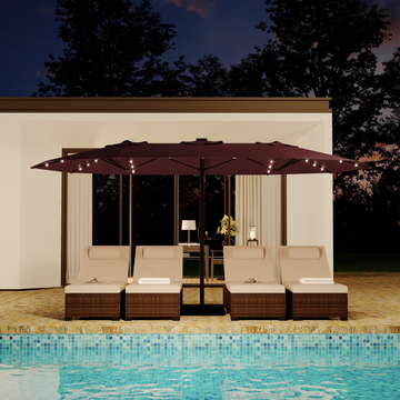 Garvee 15' Solar-Powered Patio Umbrella with 36 LED Lights, Double-Sided Design & Cross Base for Poolside, Deck, Backyard, Wine Red