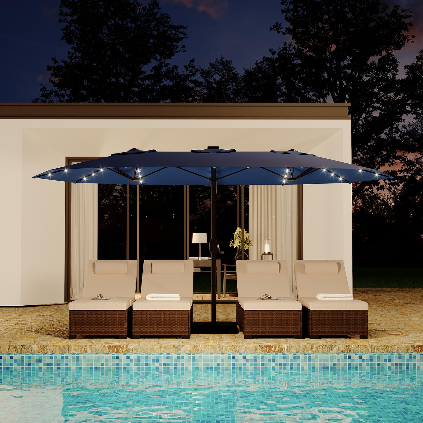 Garvee 15' Solar-Powered Patio Umbrella with 36 LED Lights, Double-Sided Design & Cross Base for Poolside, Deck, Backyard, Navy Blue