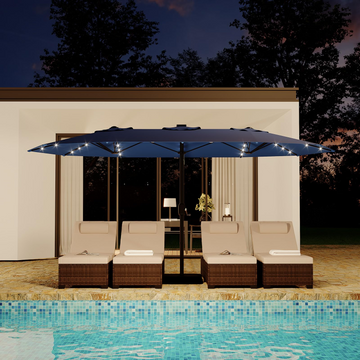 Garvee 15' Solar-Powered Patio Umbrella with 36 LED Lights, Double-Sided Design & Cross Base for Poolside, Deck, Backyard, Navy Blue