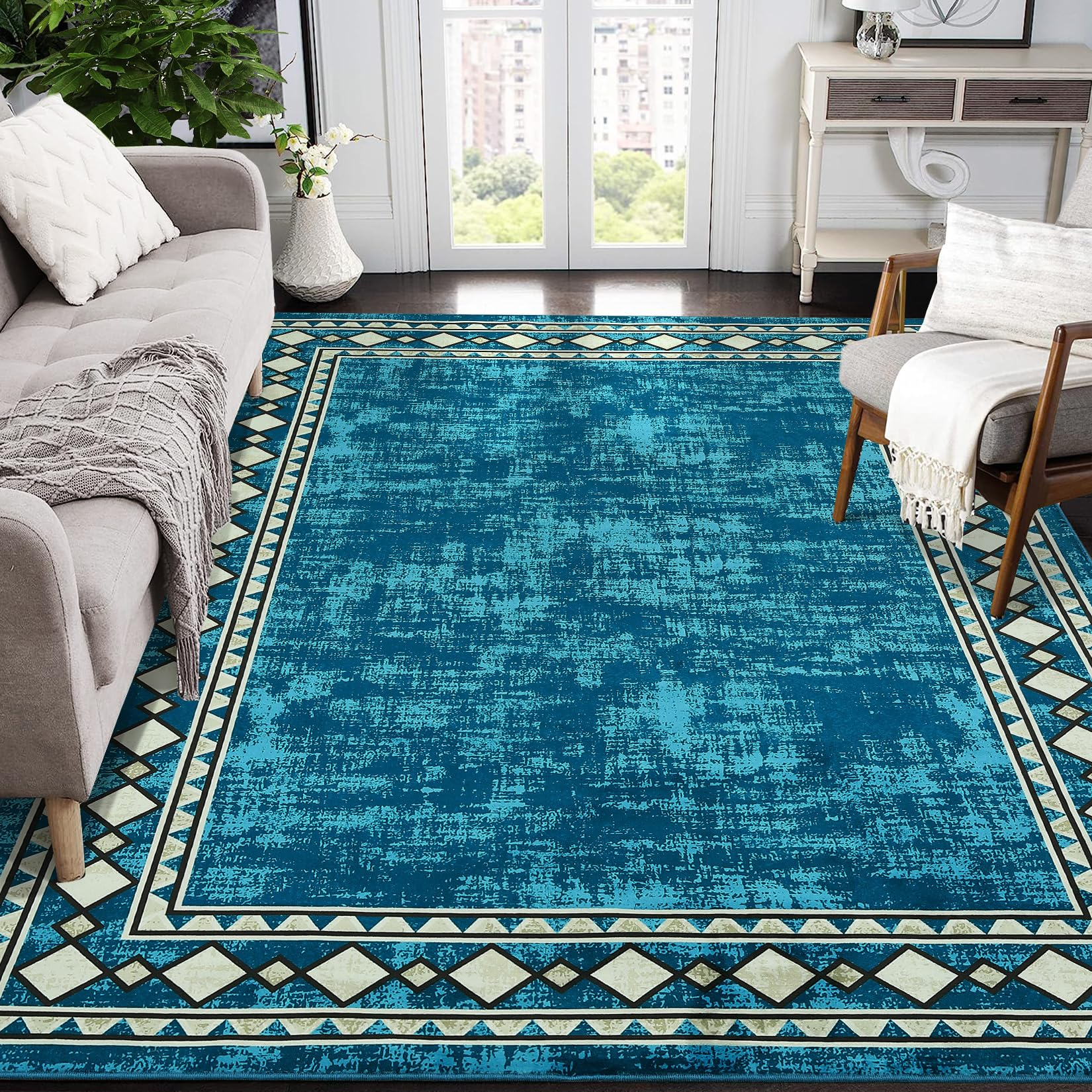 Garvee Bordered Minimalist Non-Slip Area Rug for Living Room & Home Decor, Washable and Stain-Resistant Carpet