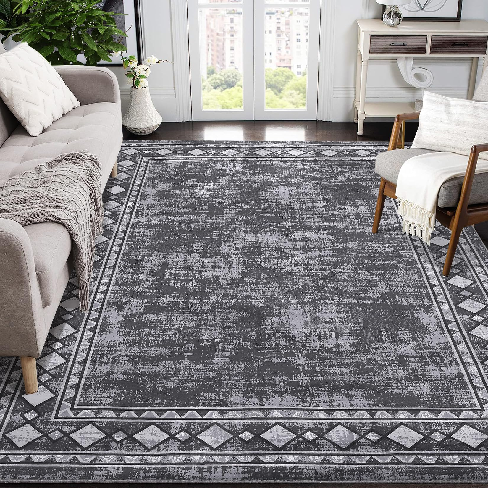 Garvee Bordered Minimalist Non-Slip Area Rug for Living Room & Home Decor, Washable and Stain-Resistant Carpet
