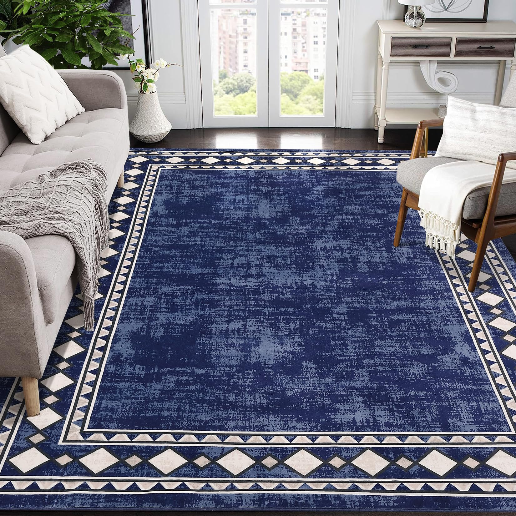 Garvee Bordered Minimalist Non-Slip Area Rug for Living Room & Home Decor, Washable and Stain-Resistant Carpet