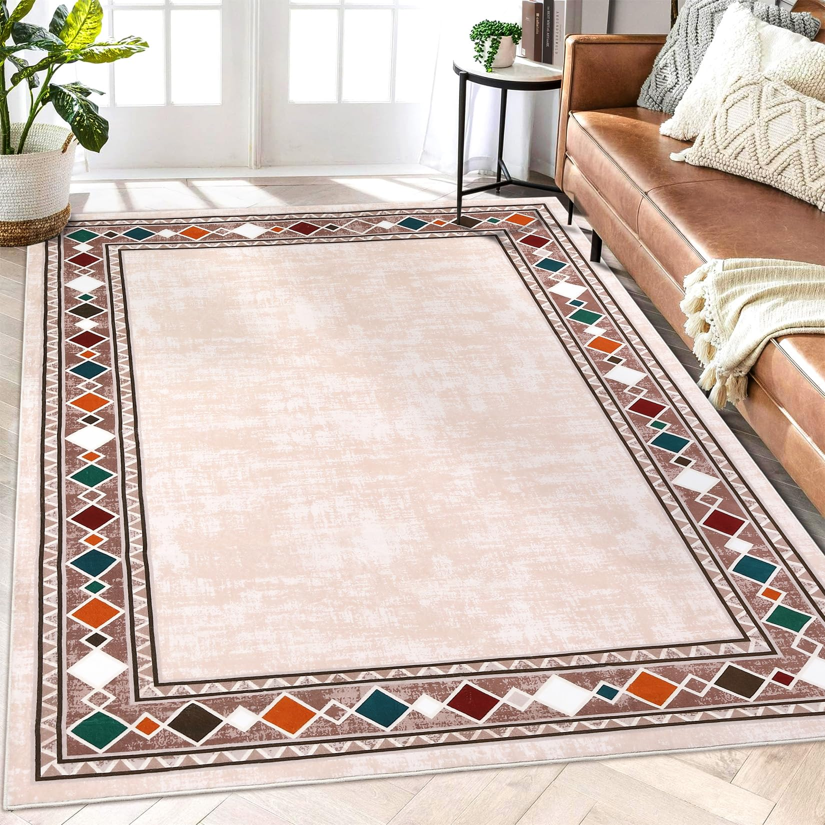 Garvee Bordered Minimalist Non-Slip Area Rug for Living Room & Home Decor, Washable and Stain-Resistant Carpet