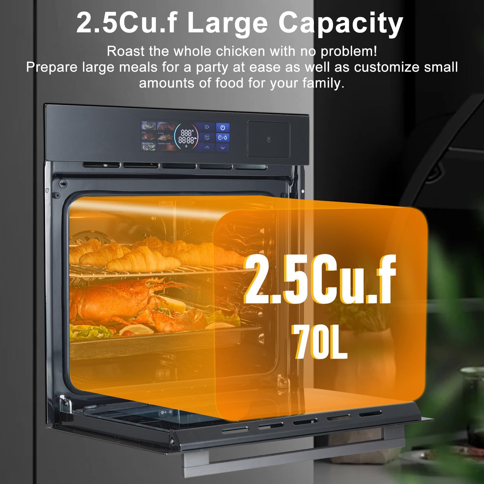 24 Inch Stainless Single Wall Oven, LED Screen, 5 Modes