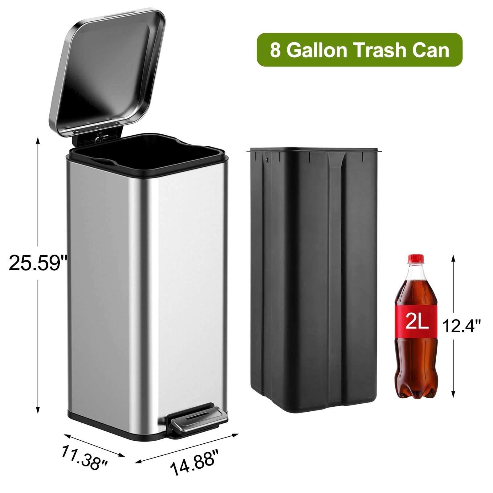 Garvee 8 Gallon Step Trash Can, Square Fingerprint-Proof Garage Can with Soft-Close Lid for Kitchen, with Removable Inner Bucket, 30-Liter