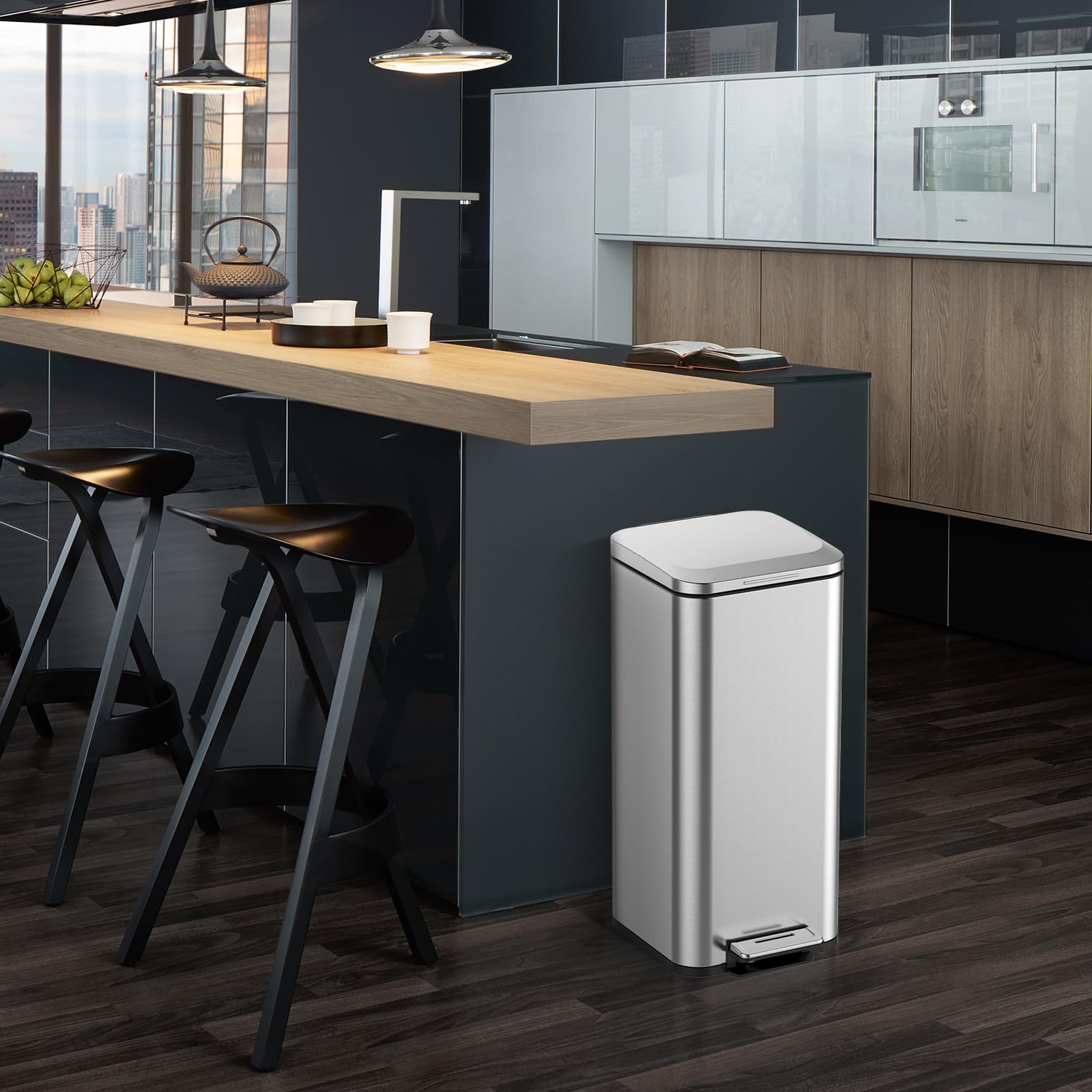 Garvee 8 Gallon Step Trash Can, Square Fingerprint-Proof Garage Can with Soft-Close Lid for Kitchen, with Removable Inner Bucket, 30-Liter