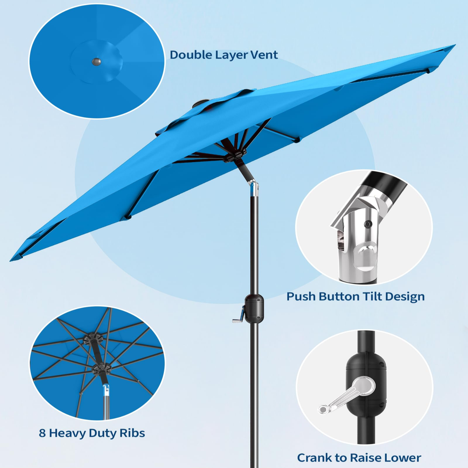Garvee 9' Patio Umbrella, Outdoor Table Umbrella – Market Umbrella, Tilt & Crank, UV Waterproof, 8 Ribs, Turquoise