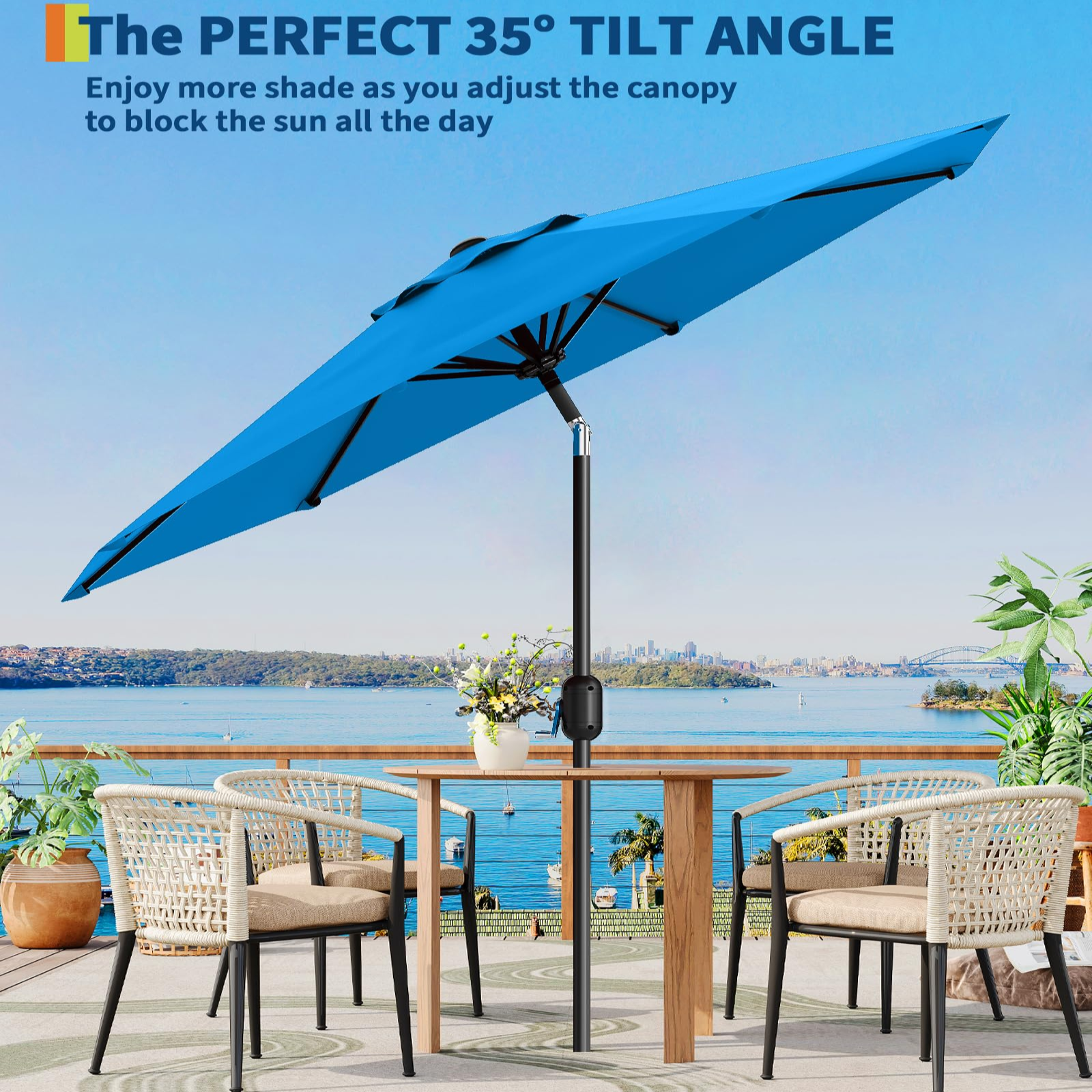 Garvee 9' Patio Umbrella, Outdoor Table Umbrella – Market Umbrella, Tilt & Crank, UV Waterproof, 8 Ribs, Turquoise