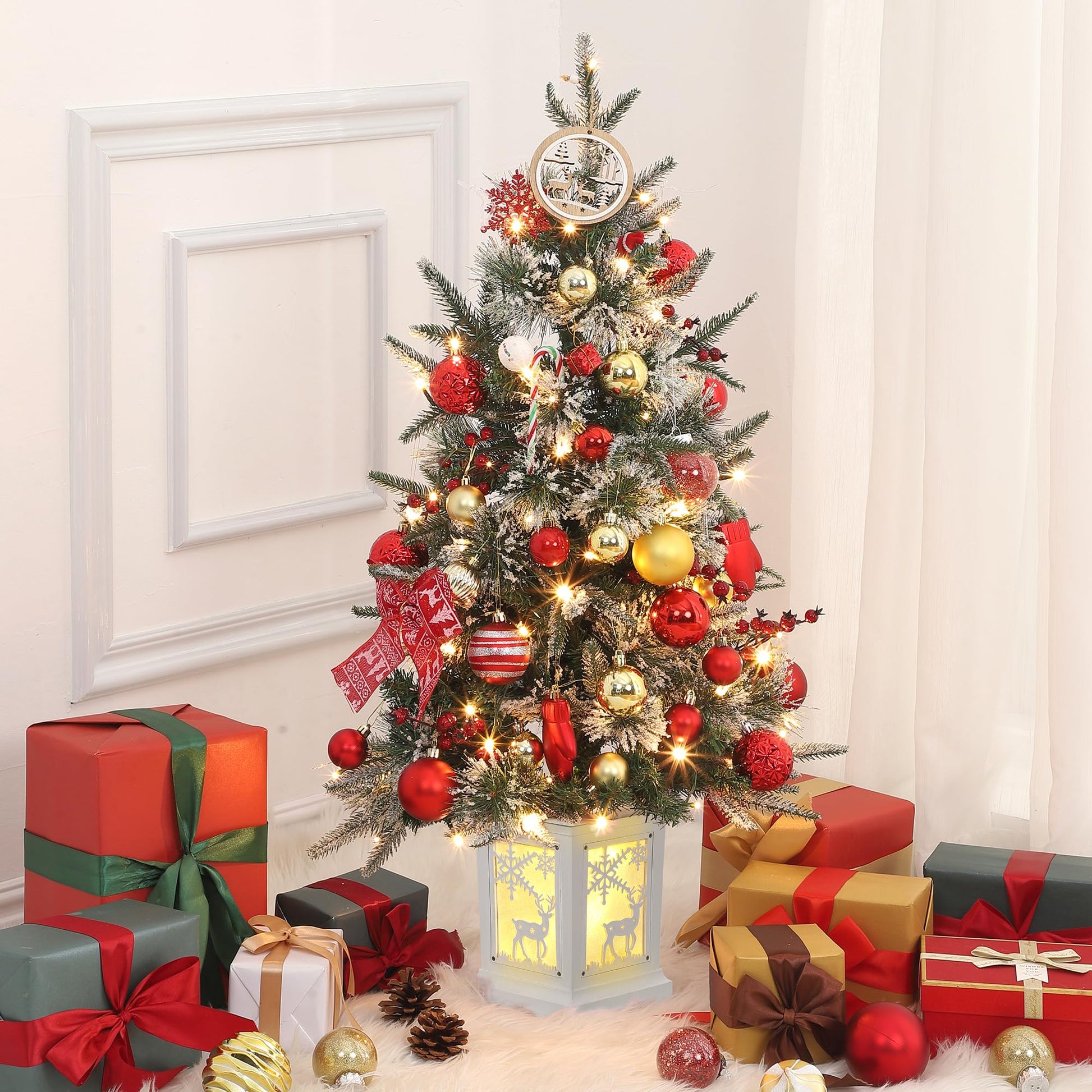 Garvee 3ft Pre-Lit Christmas Tree, Small Lighted Christmas Tree with Lighting Elk Base, Artificial Xmas Trees with 78 LED Lights & 8 Lighting Modes Christmas Decoration for Home, Office, Set of 2