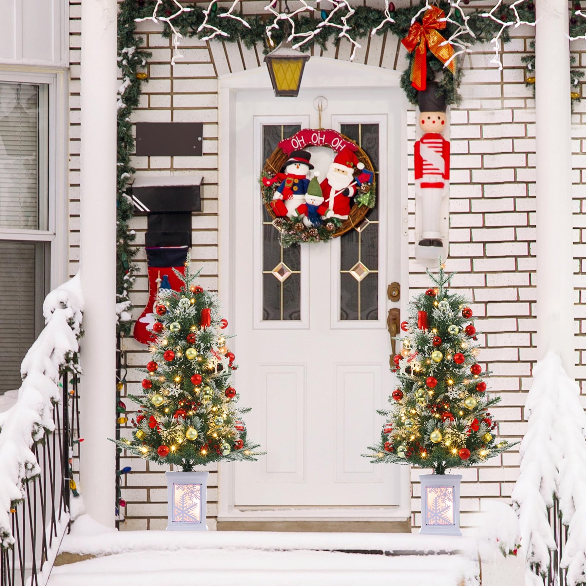 Garvee 3ft Mini Christmas Tree, 2 Set Pre-Lit Artificial Tree with 78 Lights, Tabletop Christmas Tree with 8 Lighting Modes, Snow Flocked Xmas Tree with Snowflake Base, Battery Operated