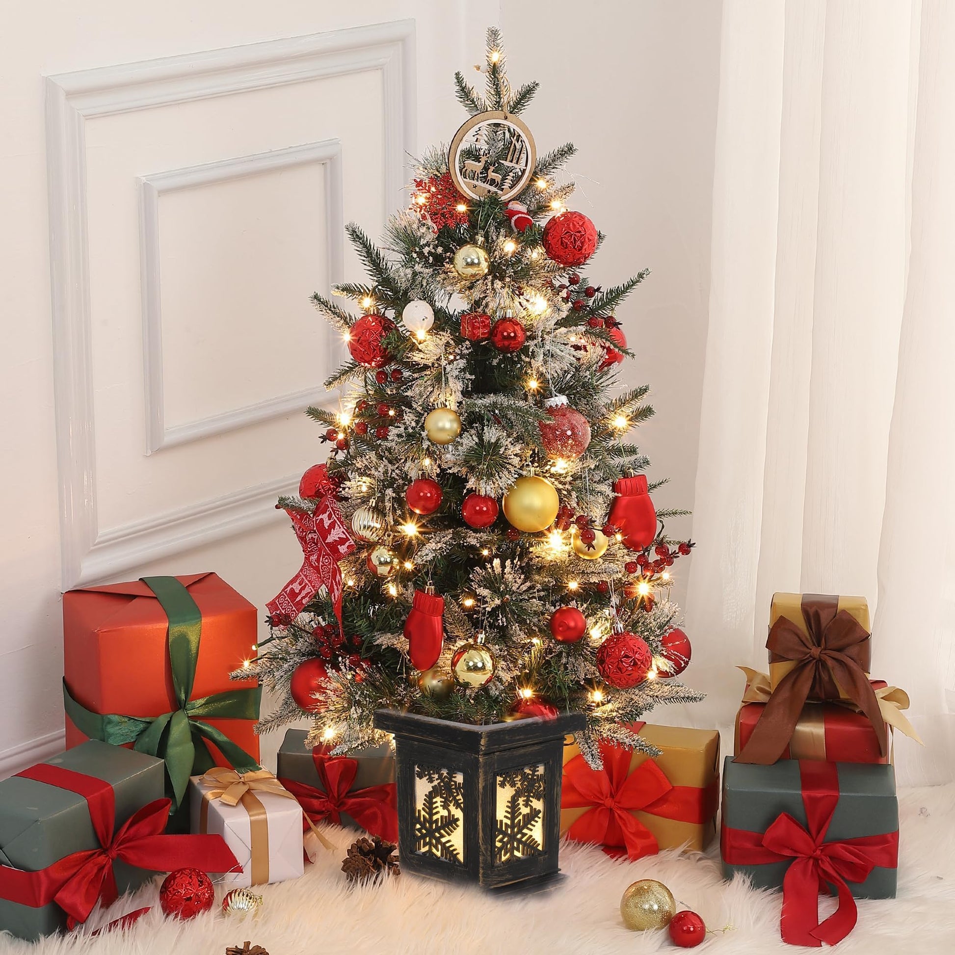 Garvee 3 ft Christmas Tree, Small Prelit Snow Flocked Christmas Tree with 78 Warm White Lights, Battery Box, 8 Lighting Modes, Xmas Holiday Decor for Tabletop, Home, Entrances