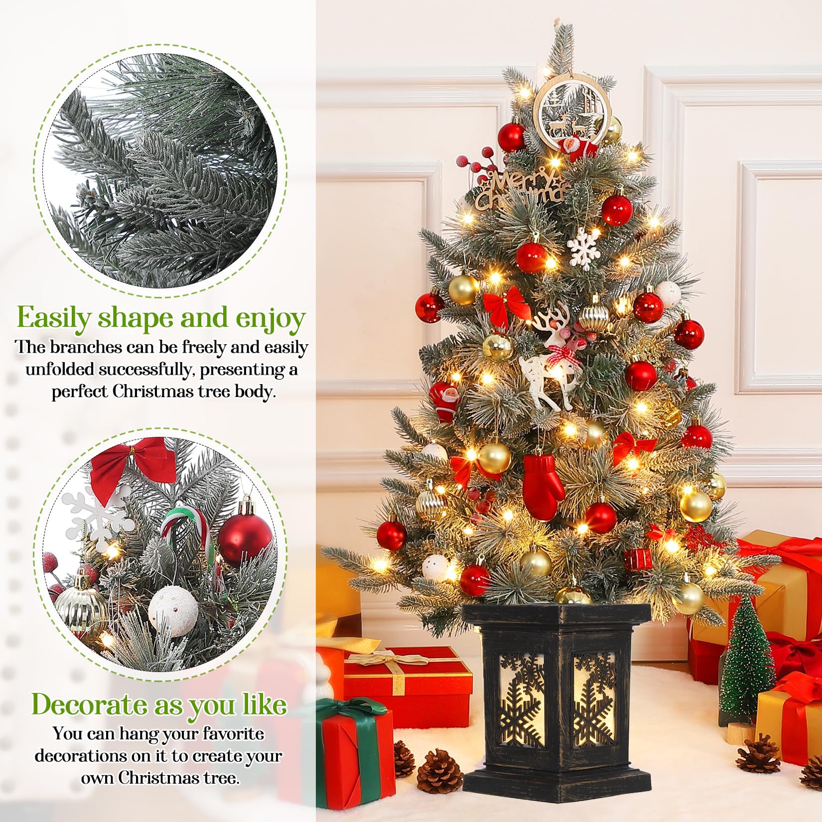 Garvee 3 ft Christmas Tree, Small Prelit Snow Flocked Christmas Tree with 78 Warm White Lights, Battery Box, 8 Lighting Modes, Xmas Holiday Decor for Tabletop, Home, Entrances