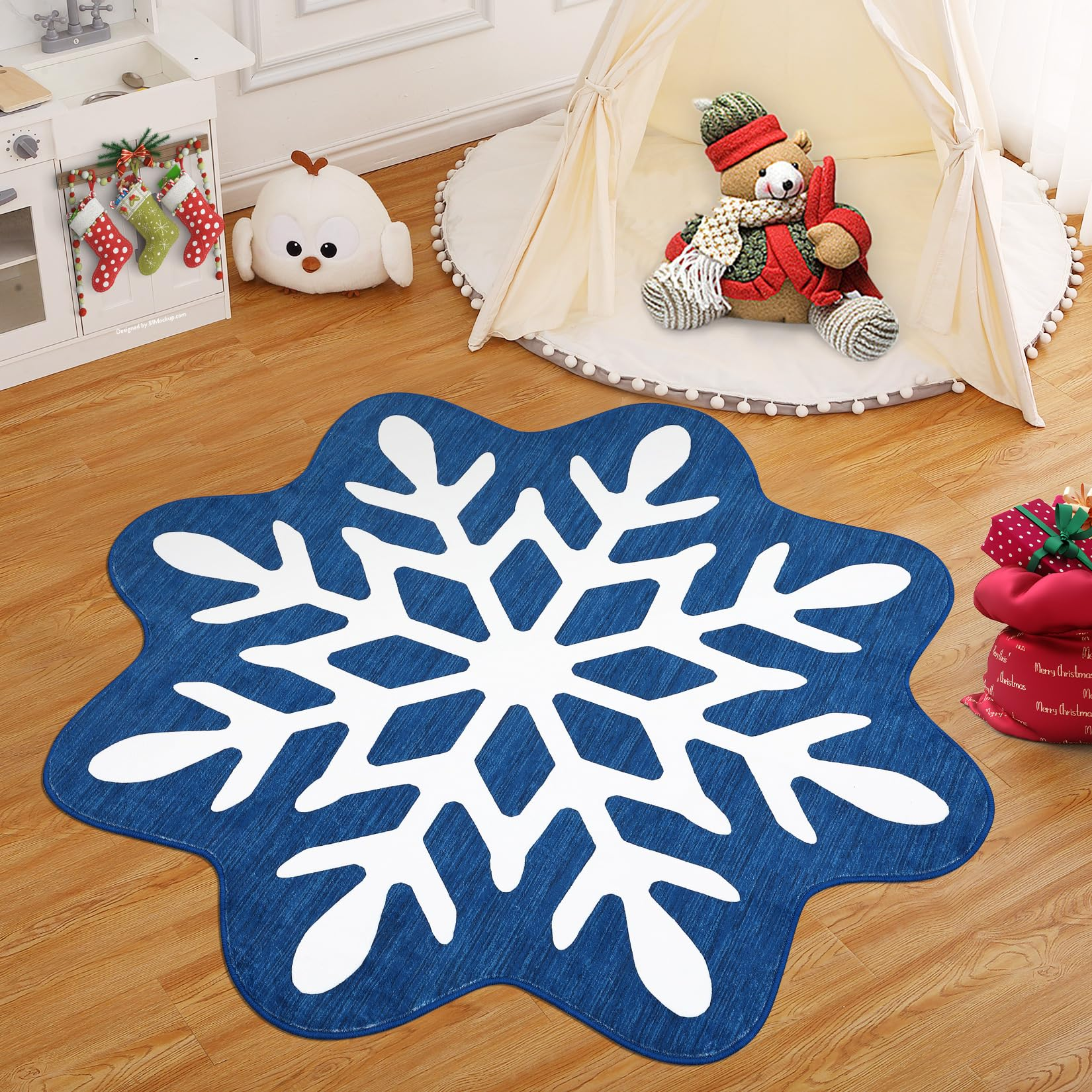 Garvee Christmas Bathroom Rugs 3x3 Snowflake Bath Mat, Non Slip Washable Area Rug, Low Pile Blue Soft Decorative Carpet, Foldable Floor Mats for Entryway, Bedroom, Under Christmas Tree