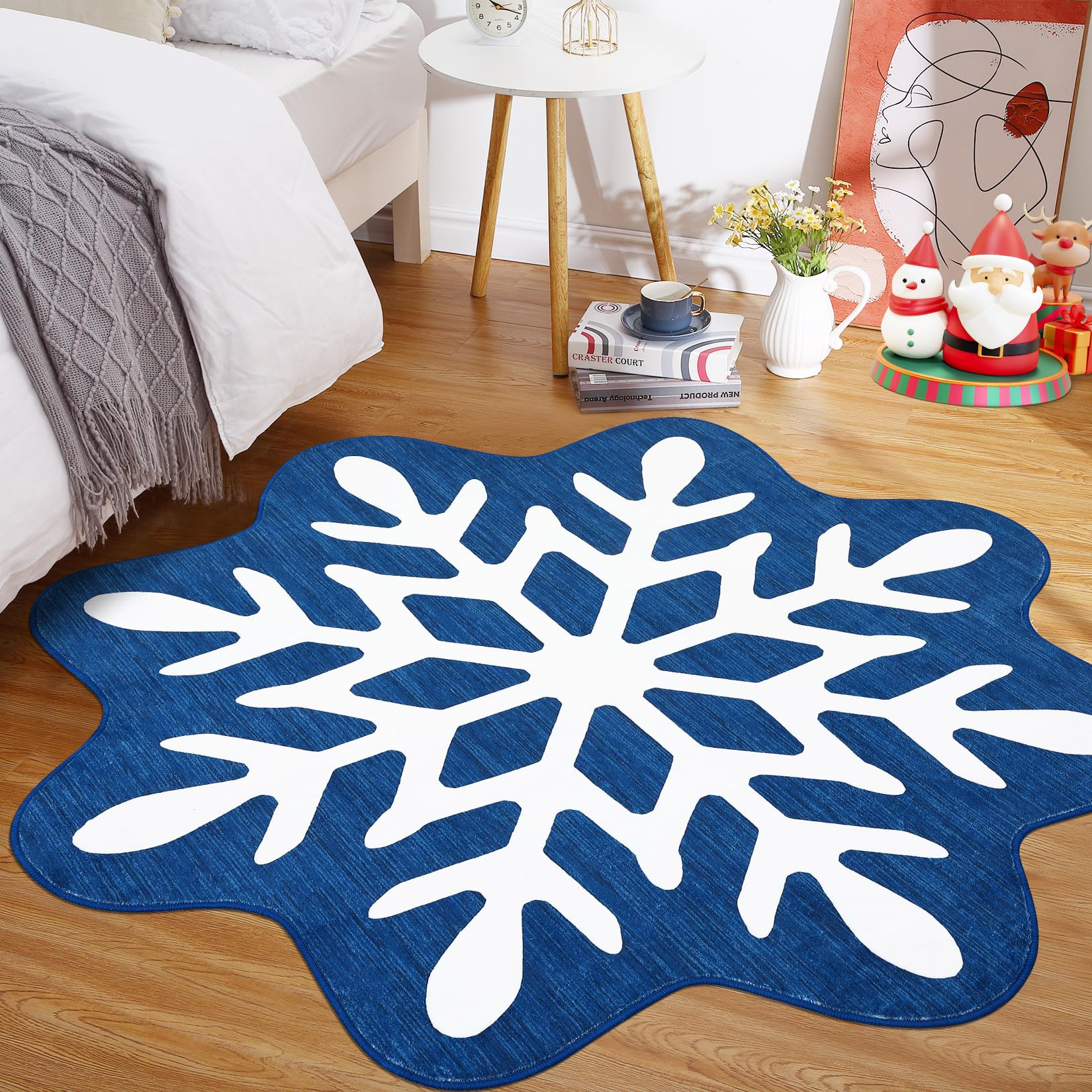 Garvee Christmas Bathroom Rugs 3x3 Snowflake Bath Mat, Non Slip Washable Area Rug, Low Pile Blue Soft Decorative Carpet, Foldable Floor Mats for Entryway, Bedroom, Under Christmas Tree