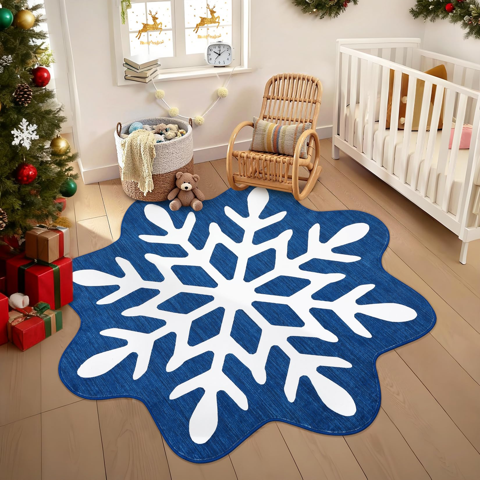 Garvee Christmas Snowflake Area Rug 5x5 Non Slip Decorative Washable Rugs for Living Room, Low Pile Blue Foldable Soft Carpet, Holiday Decor Floor Mats for Bedroom, Nursery