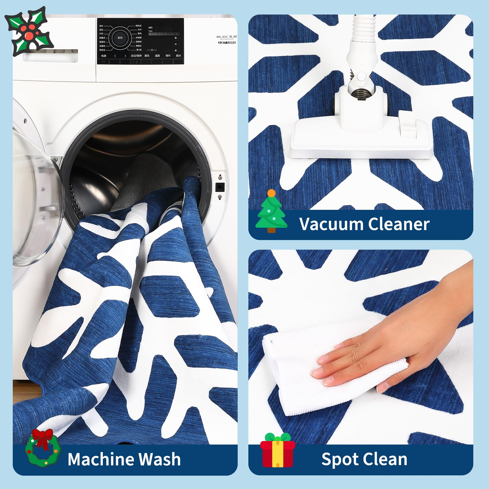 Garvee Christmas Snowflake Area Rug 5x5 Non Slip Decorative Washable Rugs for Living Room, Low Pile Blue Foldable Soft Carpet, Holiday Decor Floor Mats for Bedroom, Nursery