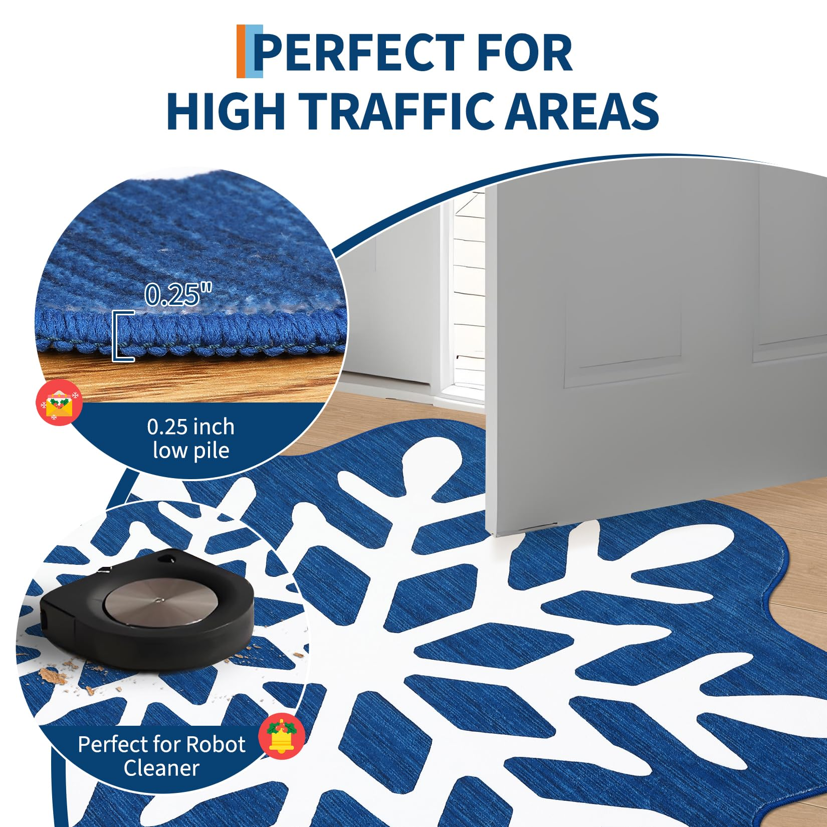 Garvee Christmas Snowflake Area Rug 4x4 Non Slip Decorative Washable Rugs for Living Room, Low Pile Blue Foldable Soft Carpet, Holiday Decor Floor Mats for Bedroom, Under Christmas Tree