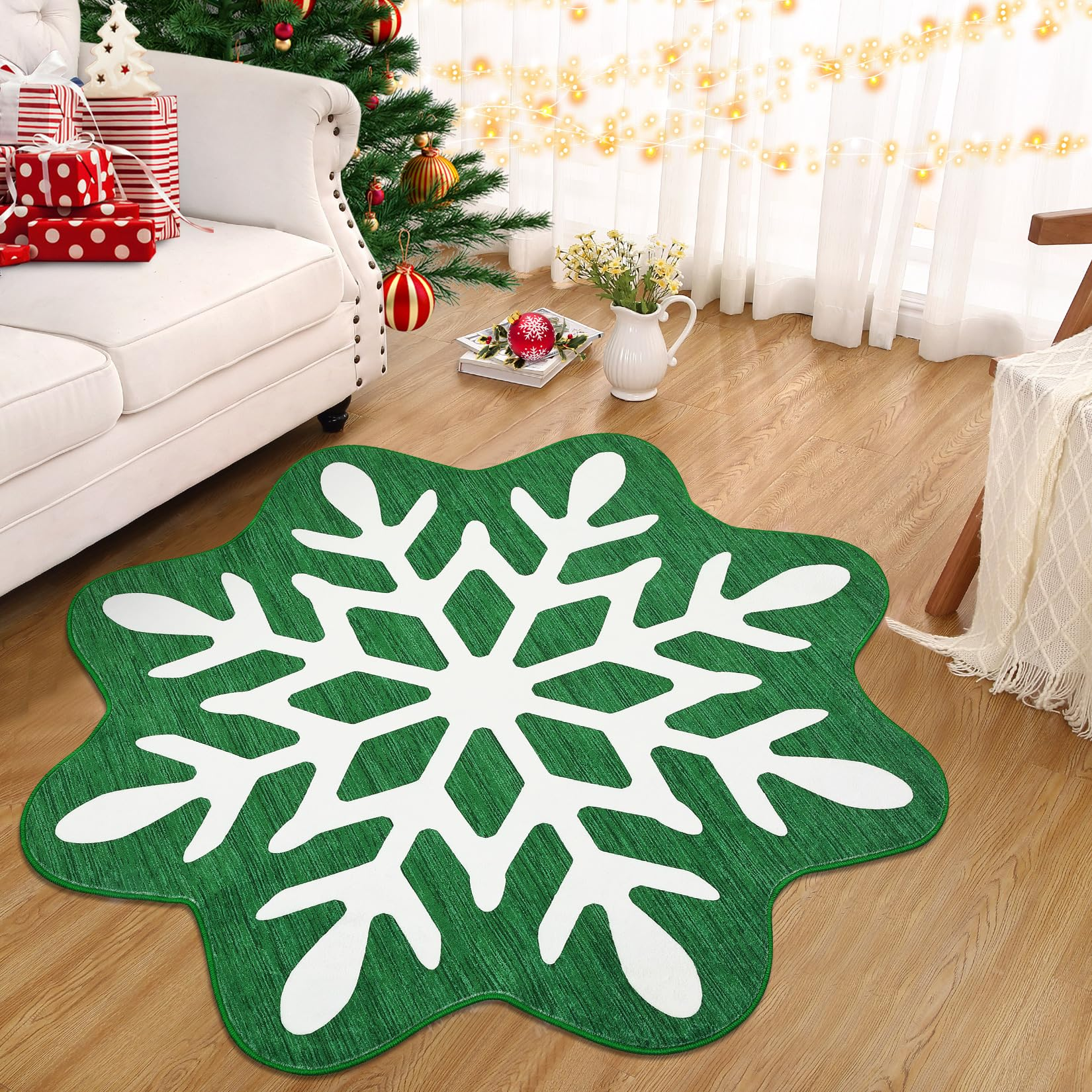 Garvee Christmas Snowflake Area Rug 4x4 Non Slip Decorative Washable Rugs for Living Room, Low Pile Green Foldable Soft Carpet, Holiday Decor Floor Mats for Bedroom, Under Christmas Tree