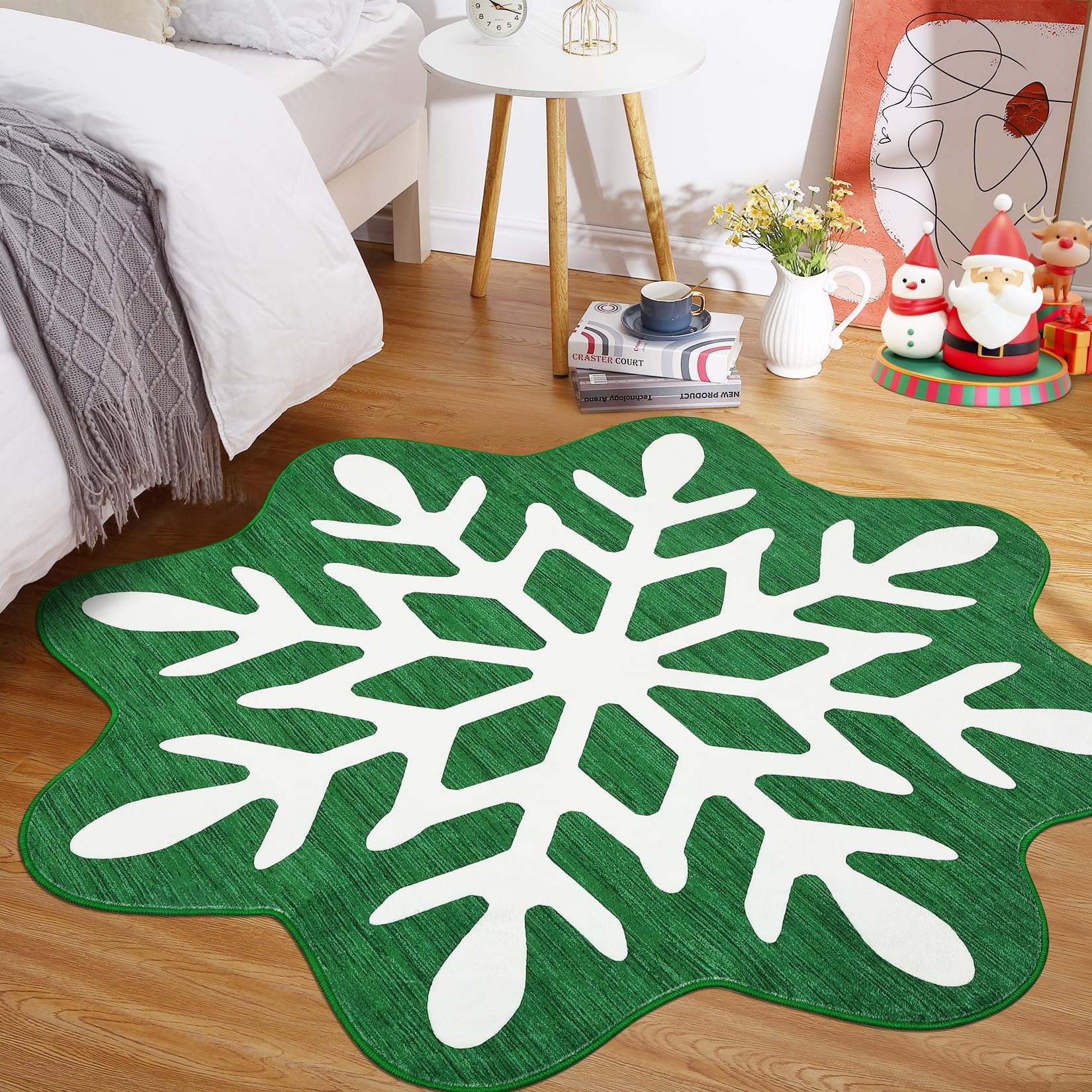 Garvee Christmas Snowflake Area Rug 4x4 Non Slip Decorative Washable Rugs for Living Room, Low Pile Green Foldable Soft Carpet, Holiday Decor Floor Mats for Bedroom, Under Christmas Tree