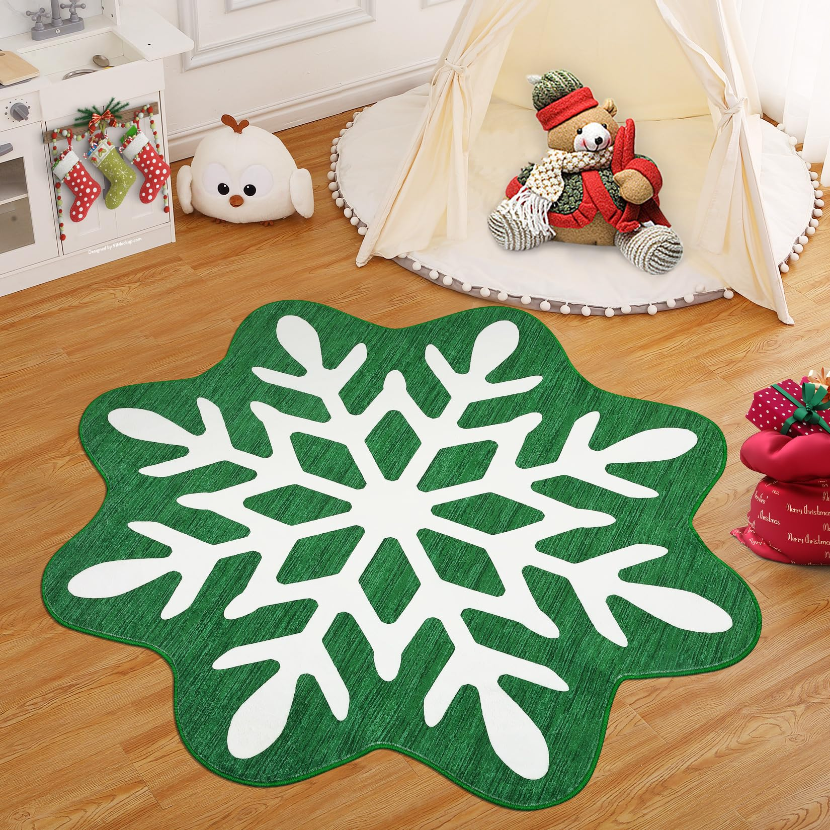 Garvee Christmas Snowflake Area Rug 5x5 Non Slip Decorative Washable Rugs for Living Room, Low Pile Green Foldable Soft Carpet, Holiday Decor Floor Mats for Bedroom, Nursery