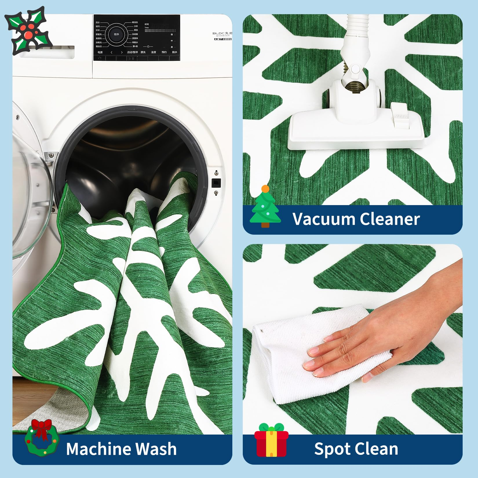 Garvee Christmas Bathroom Rugs 3x3 Snowflake Bath Mat, Non Slip Washable Area Rug, Low Pile Green Soft Decorative Carpet, Foldable Floor Mats for Entryway, Bedroom, Under Christmas Tree