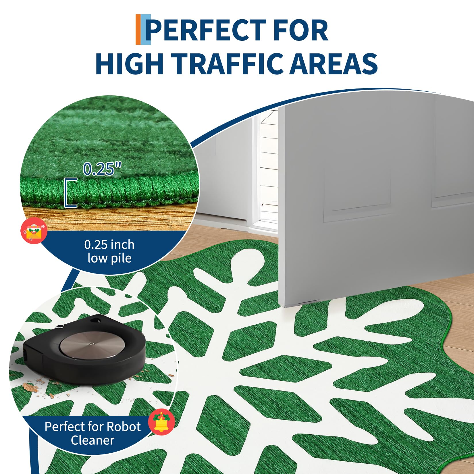 Garvee Christmas Snowflake Area Rug 5x5 Non Slip Decorative Washable Rugs for Living Room, Low Pile Green Foldable Soft Carpet, Holiday Decor Floor Mats for Bedroom, Nursery