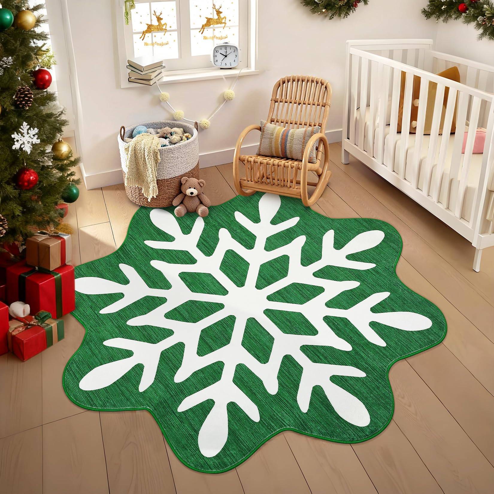 Garvee Christmas Snowflake Area Rug 5x5 Non Slip Decorative Washable Rugs for Living Room, Low Pile Green Foldable Soft Carpet, Holiday Decor Floor Mats for Bedroom, Nursery
