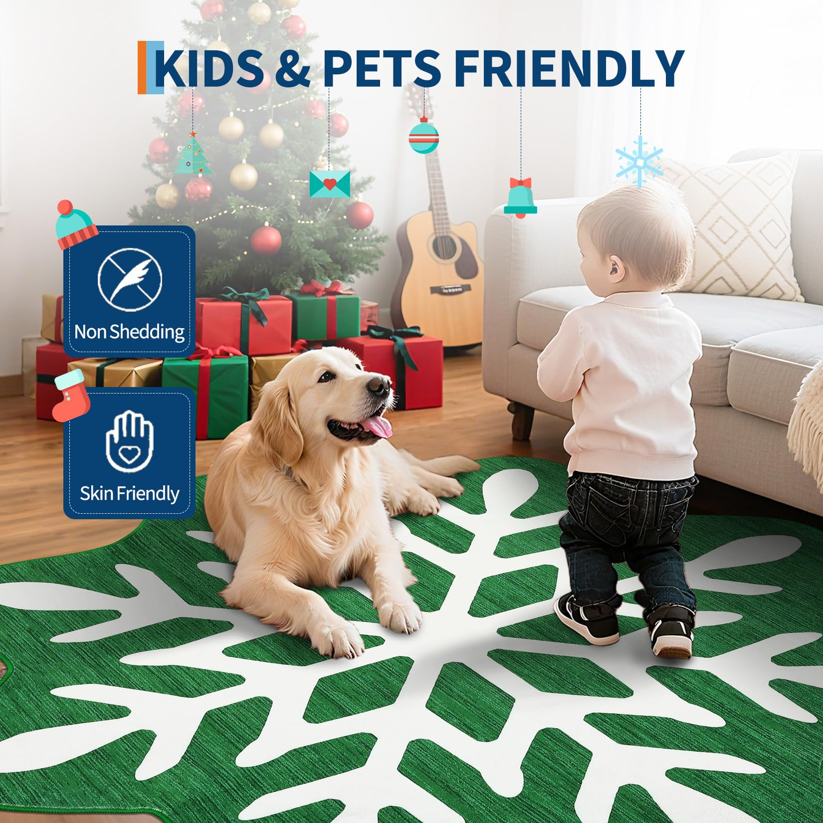Garvee Christmas Bathroom Rugs 3x3 Snowflake Bath Mat, Non Slip Washable Area Rug, Low Pile Green Soft Decorative Carpet, Foldable Floor Mats for Entryway, Bedroom, Under Christmas Tree