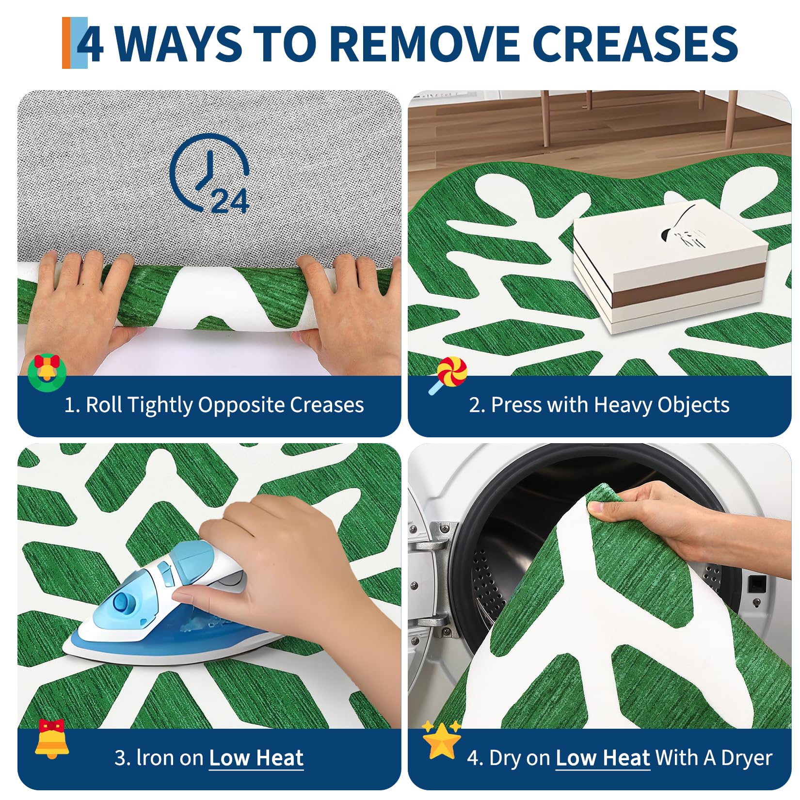 Garvee Christmas Snowflake Area Rug 4x4 Non Slip Decorative Washable Rugs for Living Room, Low Pile Green Foldable Soft Carpet, Holiday Decor Floor Mats for Bedroom, Under Christmas Tree