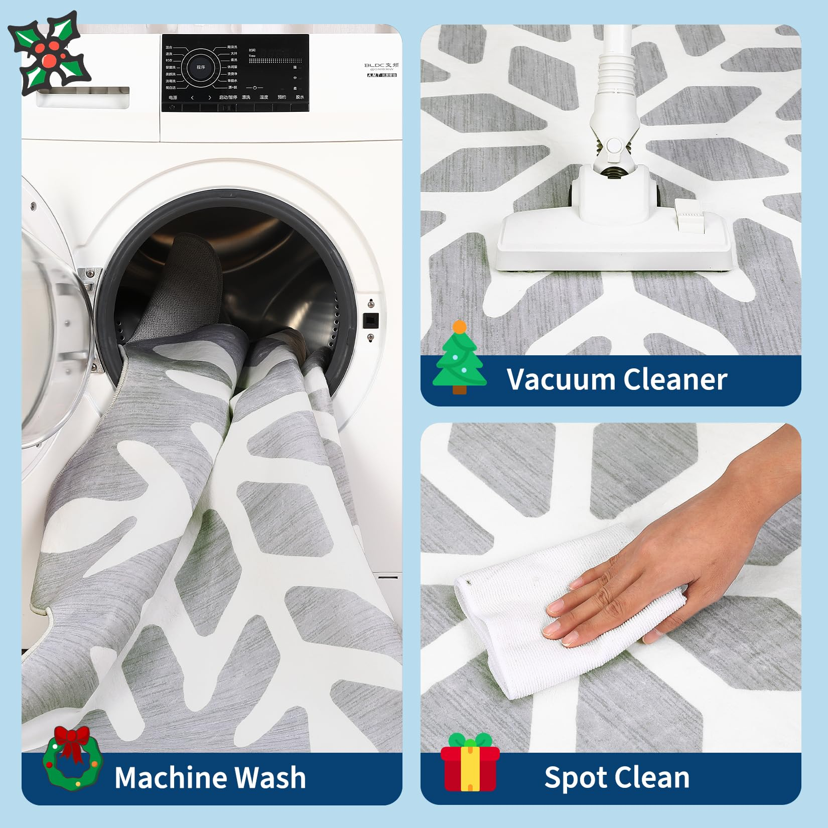 Garvee Christmas Bathroom Rugs 3x3 Snowflake Bath Mat, Non Slip Washable Area Rug, Low Pile Grey Soft Decorative Carpet, Foldable Floor Mats for Entryway, Bedroom, Under Christmas Tree