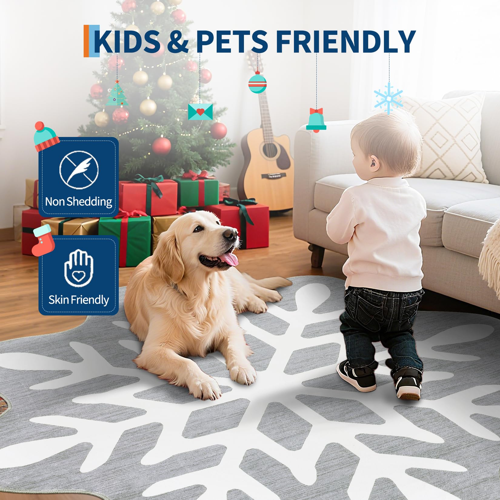 Garvee Christmas Snowflake Area Rug 5x5 Non Slip Decorative Washable Rugs for Living Room, Low Pile Grey Foldable Soft Carpet, Holiday Decor Floor Mats for Bedroom, Nursery