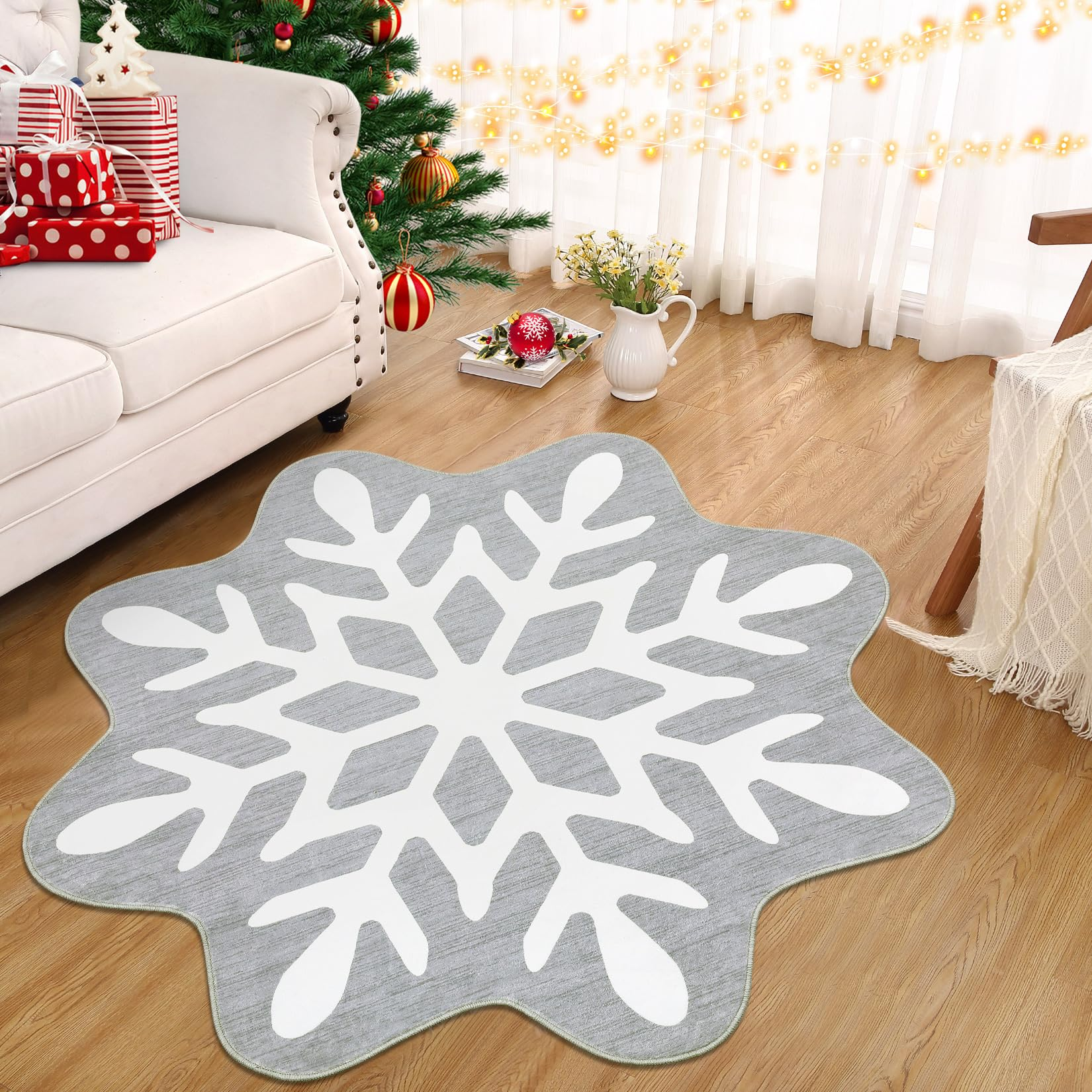 Garvee Christmas Bathroom Rugs 3x3 Snowflake Bath Mat, Non Slip Washable Area Rug, Low Pile Grey Soft Decorative Carpet, Foldable Floor Mats for Entryway, Bedroom, Under Christmas Tree