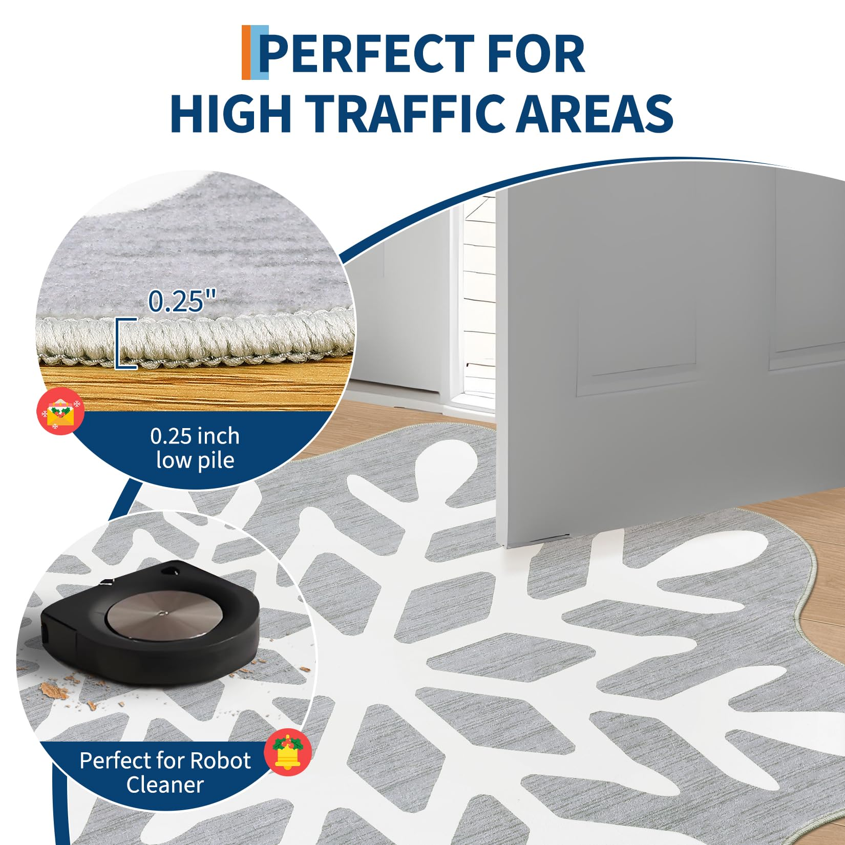 Garvee Christmas Snowflake Area Rug 4x4 Non Slip Decorative Washable Rugs for Living Room, Low Pile Grey Foldable Soft Carpet, Holiday Decor Floor Mats for Bedroom, Under Christmas Tree
