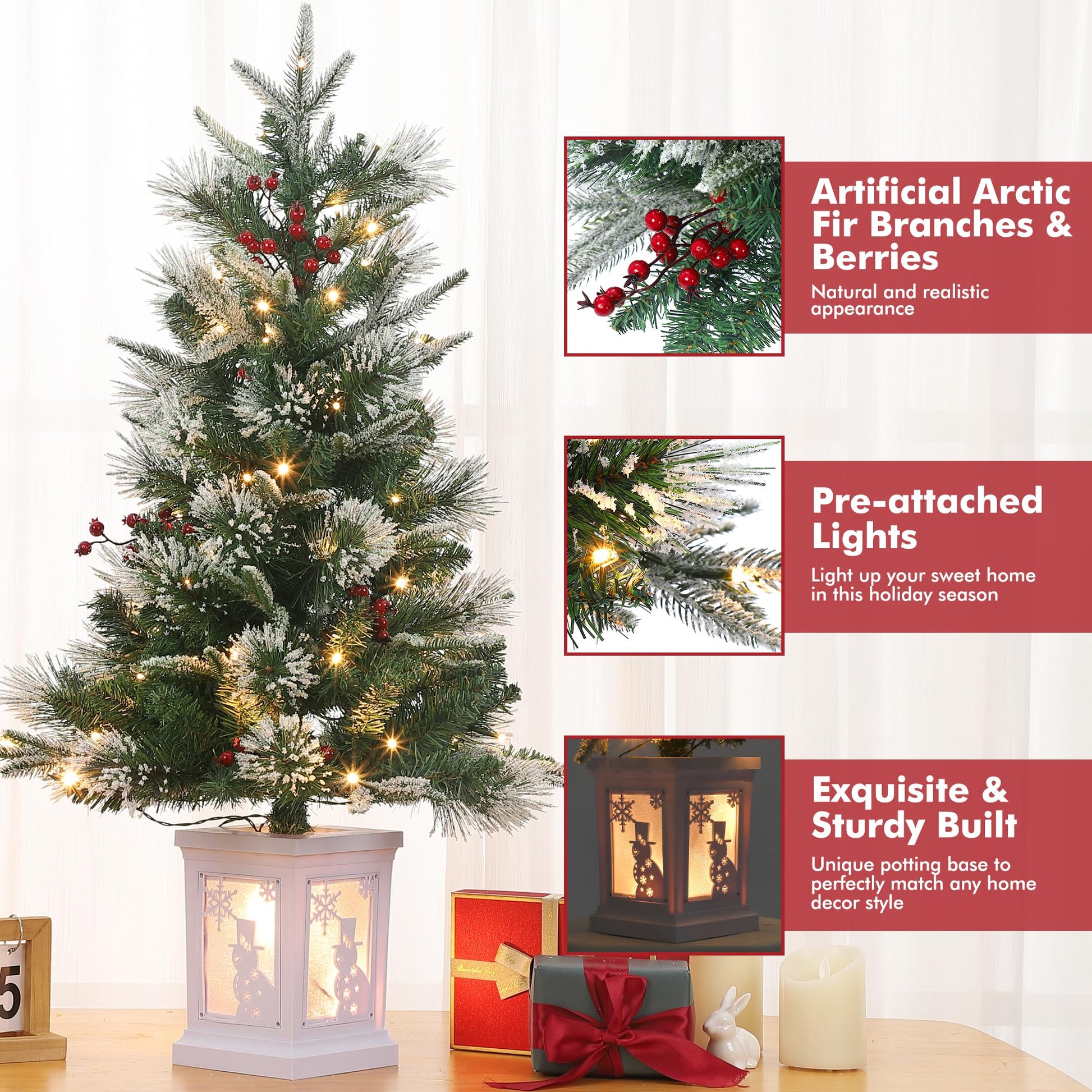 Garvee 3ft Pre-Lit Christmas Tree with 78 LED Lights, Artificial Christmas Tree with Snowflakes and Red Berries, 8 Lighting Modes, Lighting Snowman Base for Home, Porch, Office, Set of 2