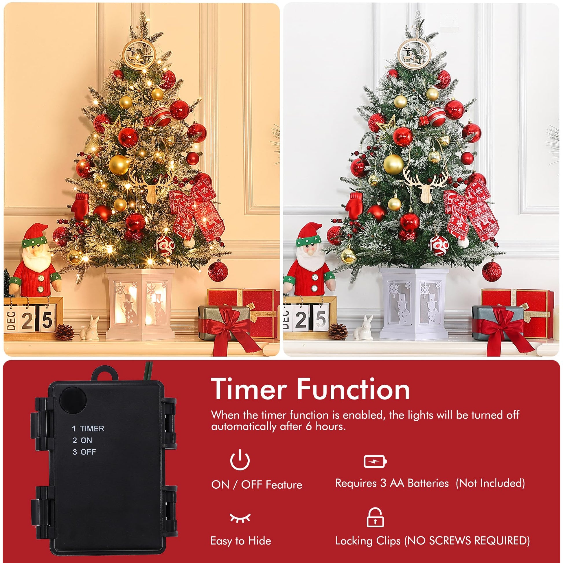 Garvee 3ft Pre-Lit Christmas Tree with 78 LED Lights, Artificial Christmas Tree with Snowflakes and Red Berries, 8 Lighting Modes, Lighting Snowman Base for Home, Porch, Office, Set of 2