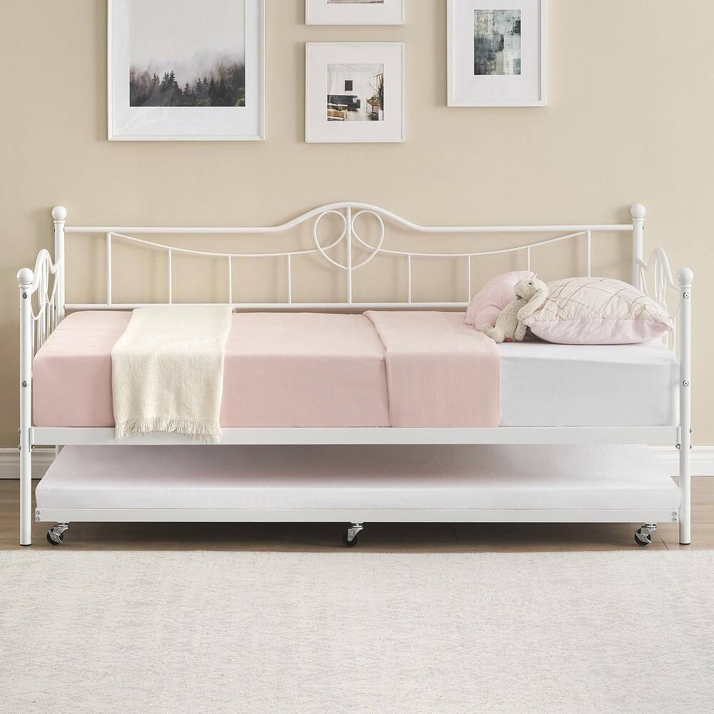 Garvee Twin Daybed with Trundle Bed,Metal Twin Day Bed Twin Size With Steel Slat Support, Sofa Bed for Living Room and Guest Room - White