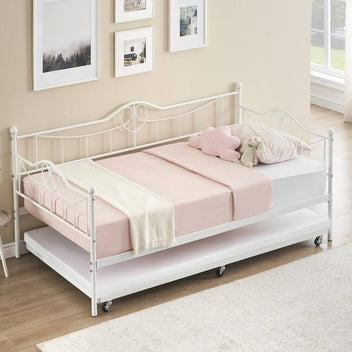 Garvee Twin Daybed with Trundle Bed,Metal Twin Day Bed Twin Size With Steel Slat Support, Sofa Bed for Living Room and Guest Room - White