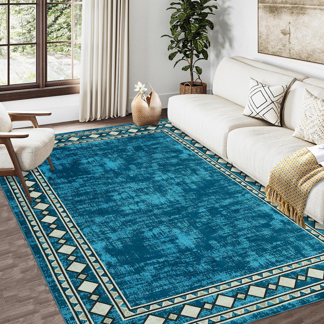 Garvee Bordered Blue-Green 4x6 Machine Washable for Living Room Modern Area Rug, Non-Slip Stain Resistant Accent Rug Indoor Minimalist Border Floor Cover Carpet for Bedroom