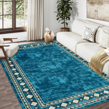 Garvee Washable Area Rug 4x6 Vintage Bordered Carpet, Non-Slip Low Pile Soft Floor Rug for Living Room Bedroom Dining Room, Stain Resistant, Blue - Blue-Green