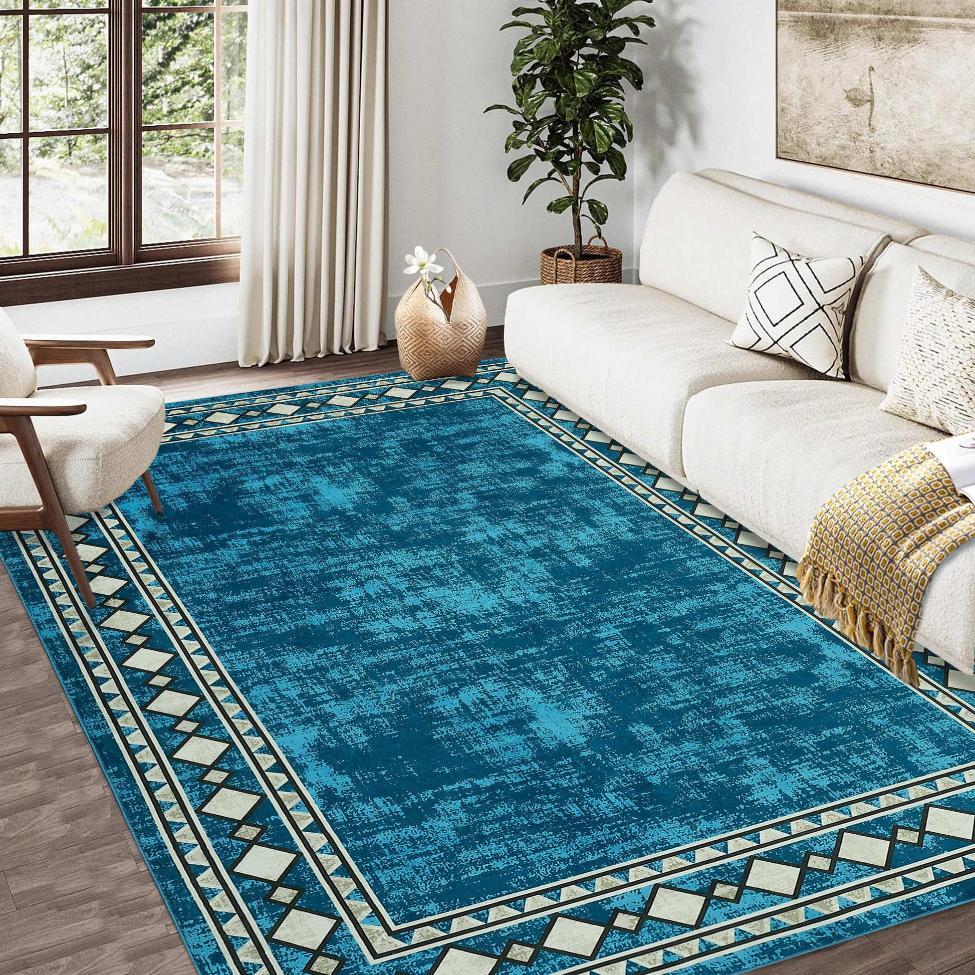 Garvee Bordered Blue-Green 4x6 Machine Washable for Living Room Modern Area Rug, Non-Slip Stain Resistant Accent Rug Indoor Minimalist Border Floor Cover Carpet for Bedroom