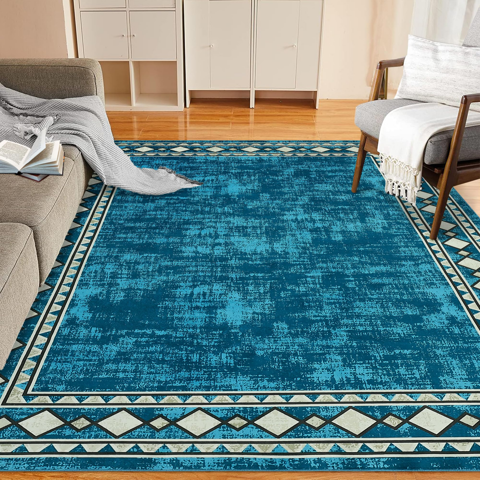 Garvee Bordered Blue-Green 4x6 Machine Washable for Living Room Modern Area Rug, Non-Slip Stain Resistant Accent Rug Indoor Minimalist Border Floor Cover Carpet for Bedroom