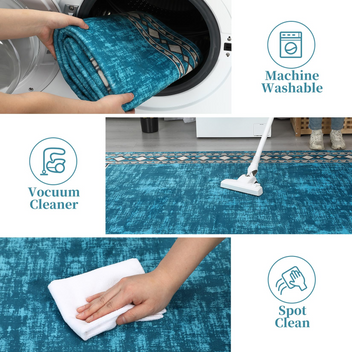 Garvee Washable Area Rug 4x6 Vintage Bordered Carpet, Non-Slip Low Pile Soft Floor Rug for Living Room Bedroom Dining Room, Stain Resistant, Blue