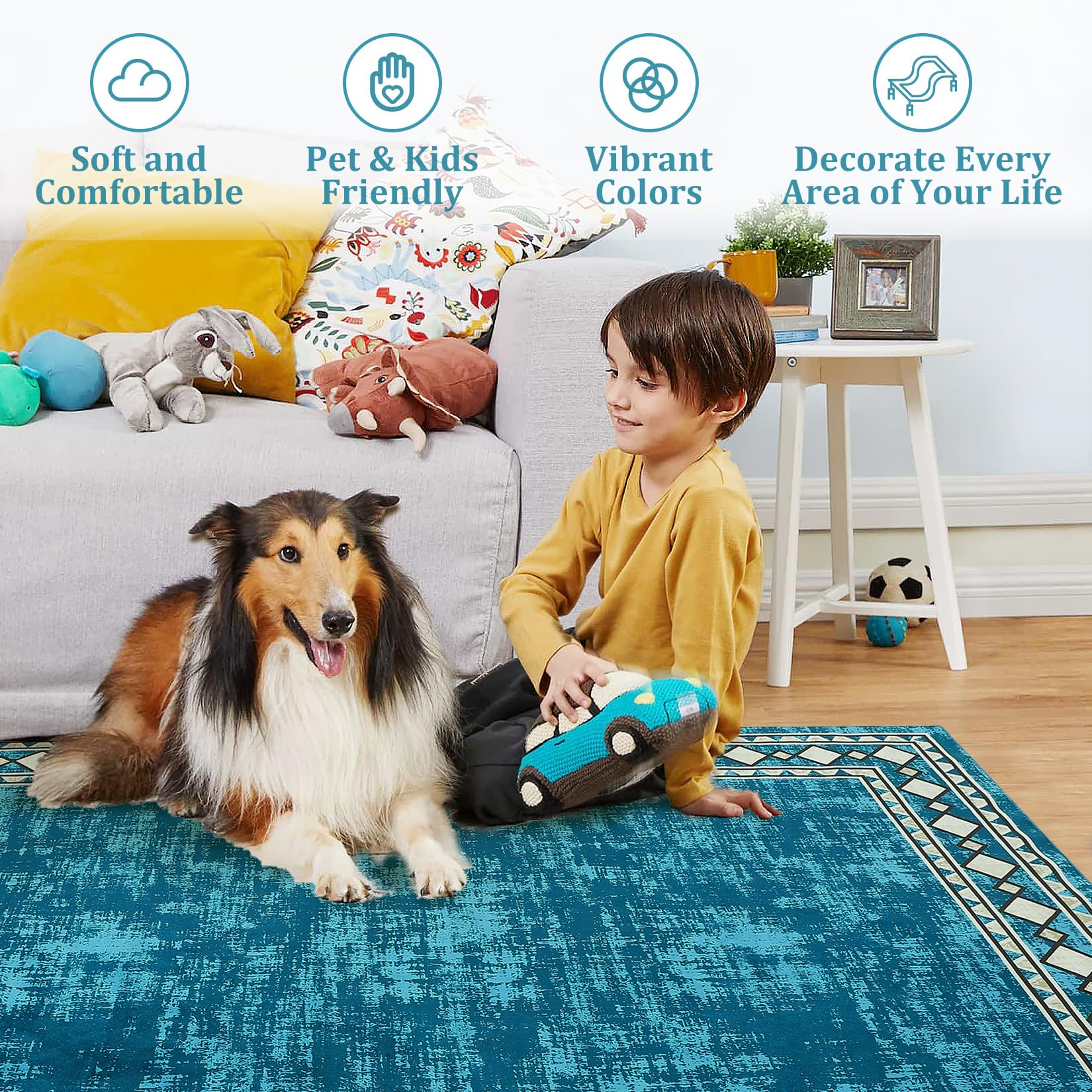 Garvee Bordered Blue-Green 4x6 Machine Washable for Living Room Modern Area Rug, Non-Slip Stain Resistant Accent Rug Indoor Minimalist Border Floor Cover Carpet for Bedroom