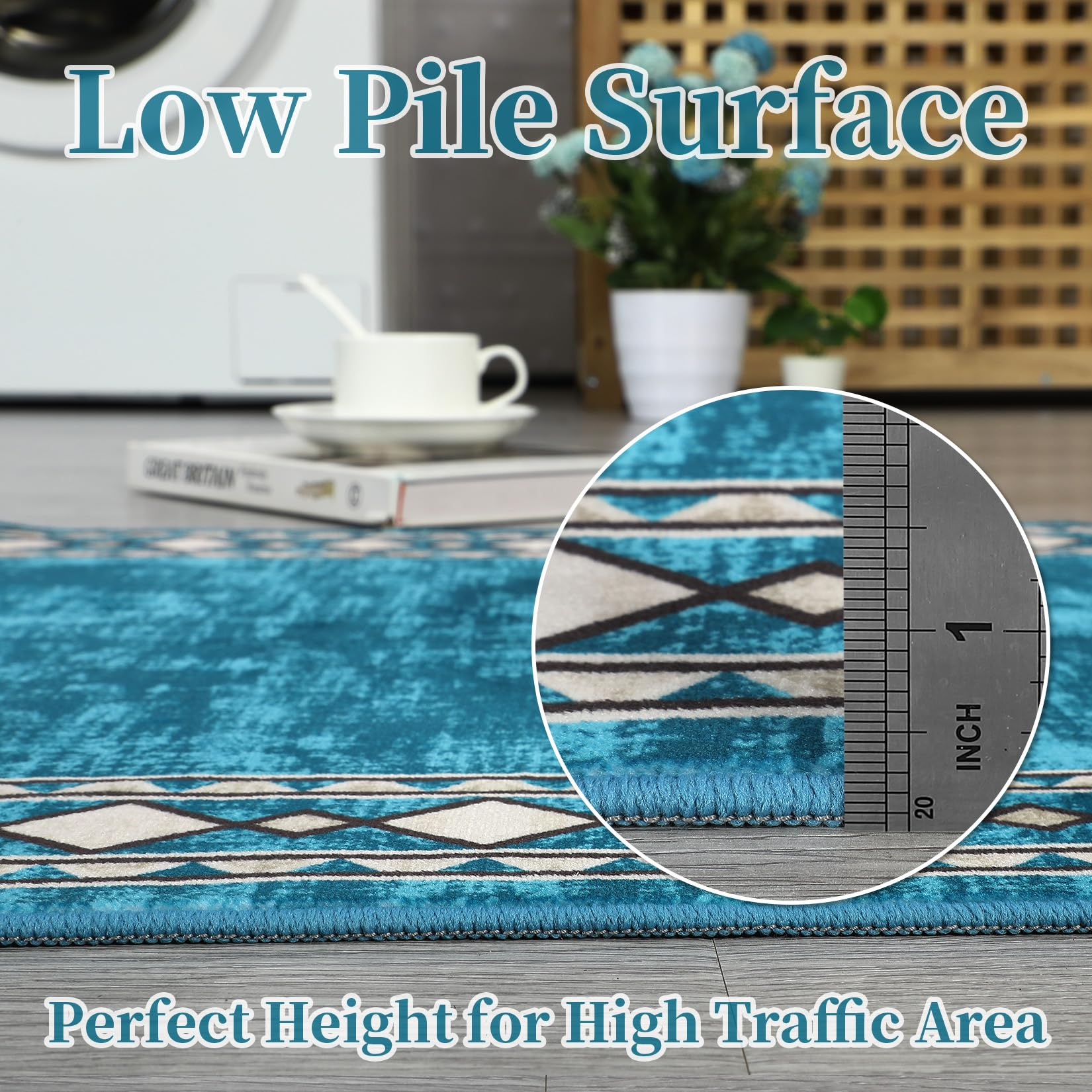 Garvee Bordered Blue-Green 4x6 Machine Washable for Living Room Modern Area Rug, Non-Slip Stain Resistant Accent Rug Indoor Minimalist Border Floor Cover Carpet for Bedroom