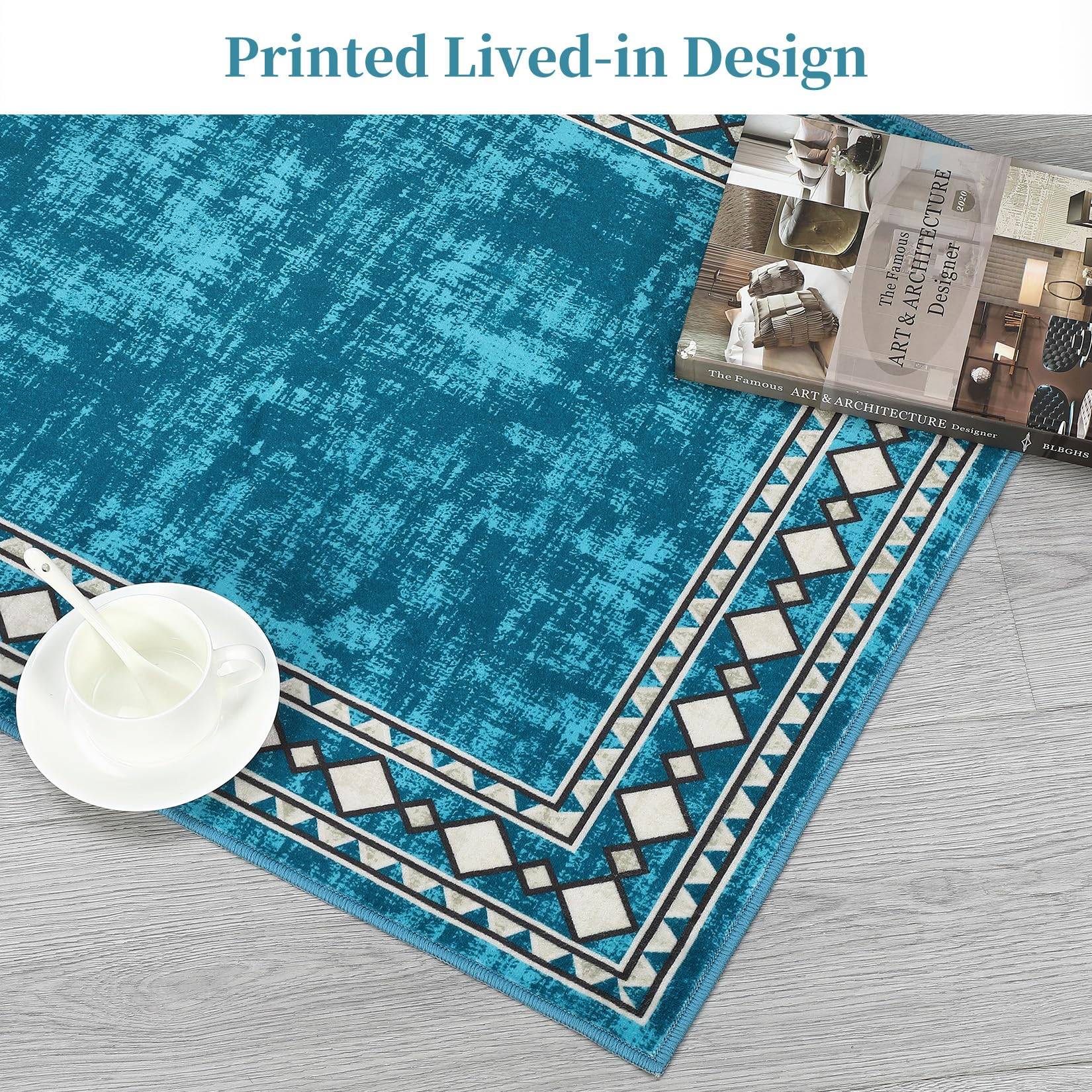 Garvee Bordered Blue-Green 4x6 Machine Washable for Living Room Modern Area Rug, Non-Slip Stain Resistant Accent Rug Indoor Minimalist Border Floor Cover Carpet for Bedroom