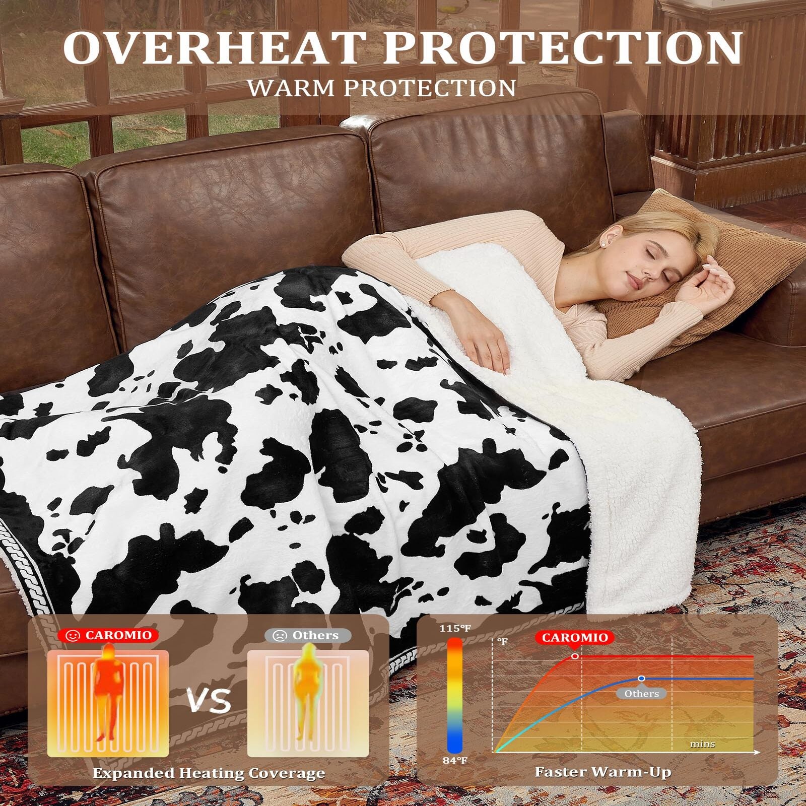 Garvee Heated Electric Blanket, 10 Heat Levels & 1-12h Time Settings Cow Print Heating Blankets,  ETL Certified, Machine Washable, Cozy Home Use